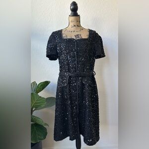 NWT Donna Karen New York Black Square Neck Sequin A Line Belted Dress Size 10